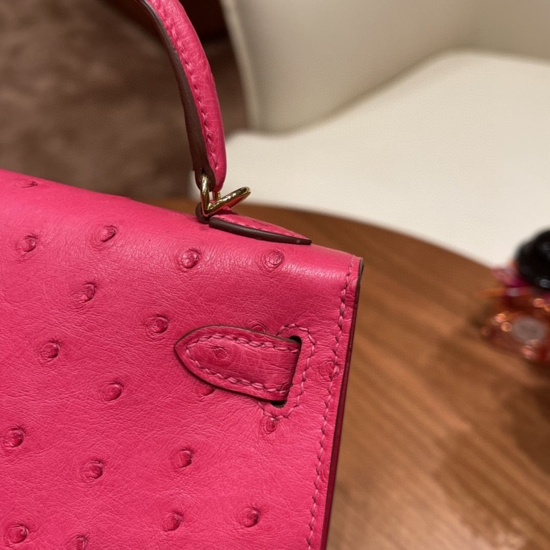 HERMES 爱马仕 mini kelly 二代 鸵鸟皮ostrich 皮 E5 糖果粉 金扣