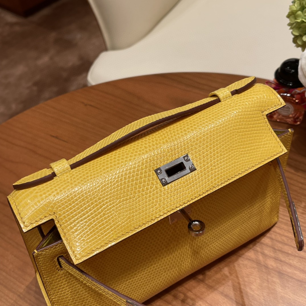 HERMES Kelly pochette 一代手包 西班牙lizard 蜥蜴皮 9L 金丝雀黄银扣