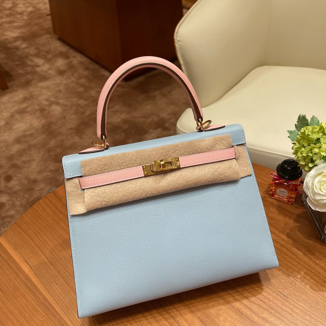 爱马仕 HERMES Kelly 25cm epsom皮 VIP定制 马蹄印 BB 蓝拼3Q粉 金扣