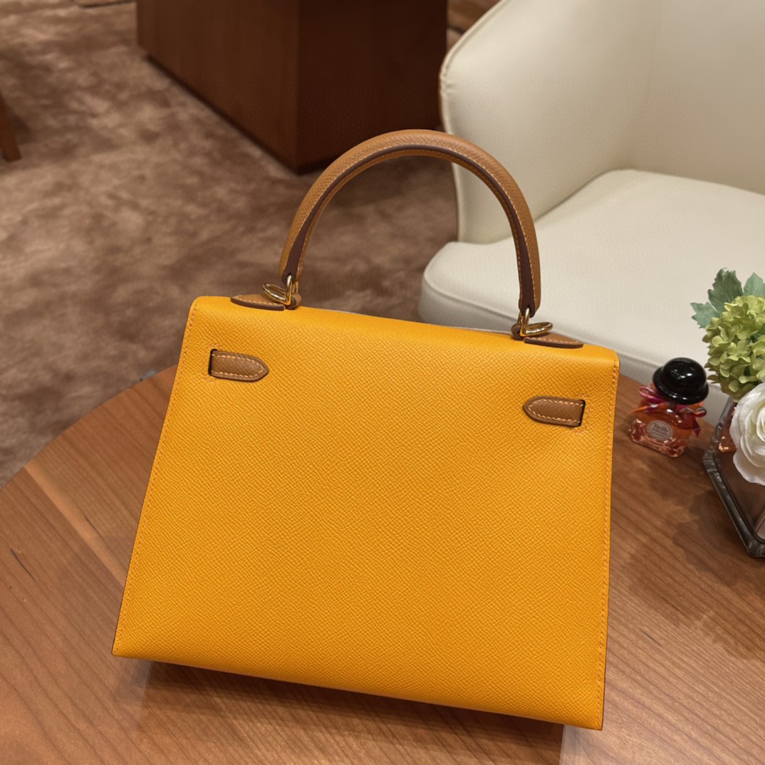 爱马仕 HERMES Kelly 25cm epsom皮 VIP定制 马蹄印 9V 太阳黄 拼37 金棕 金扣