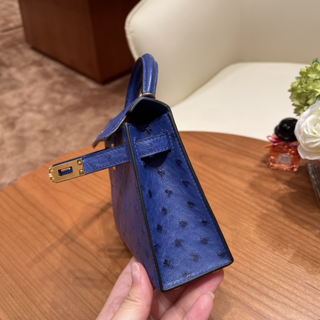 HERMES 爱马仕 mini kelly 二代 鸵鸟皮ostrich 皮 7T 电光蓝 金扣