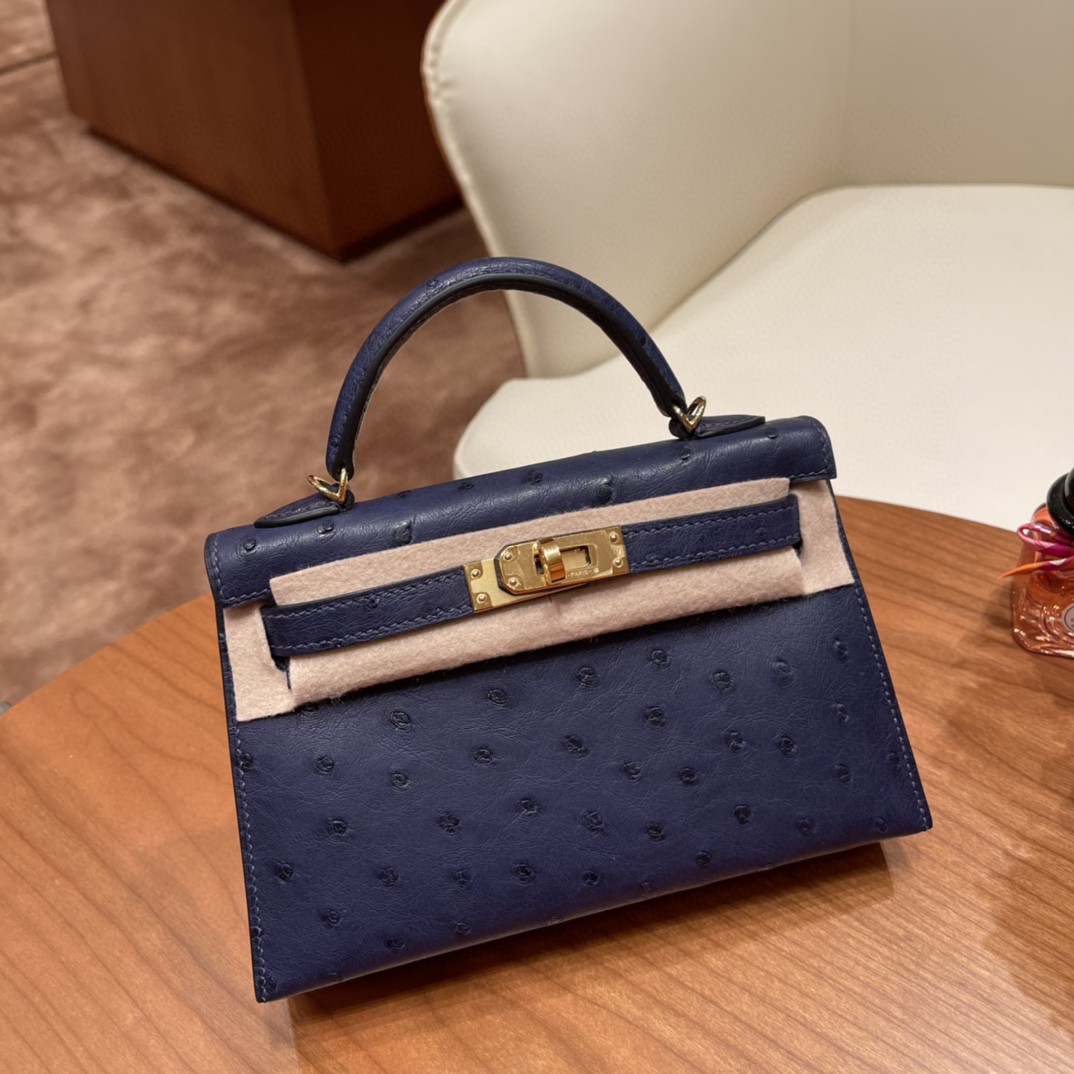 HERMES 爱马仕 mini kelly 二代 鸵鸟皮ostrich 皮 73 宝石蓝 金扣