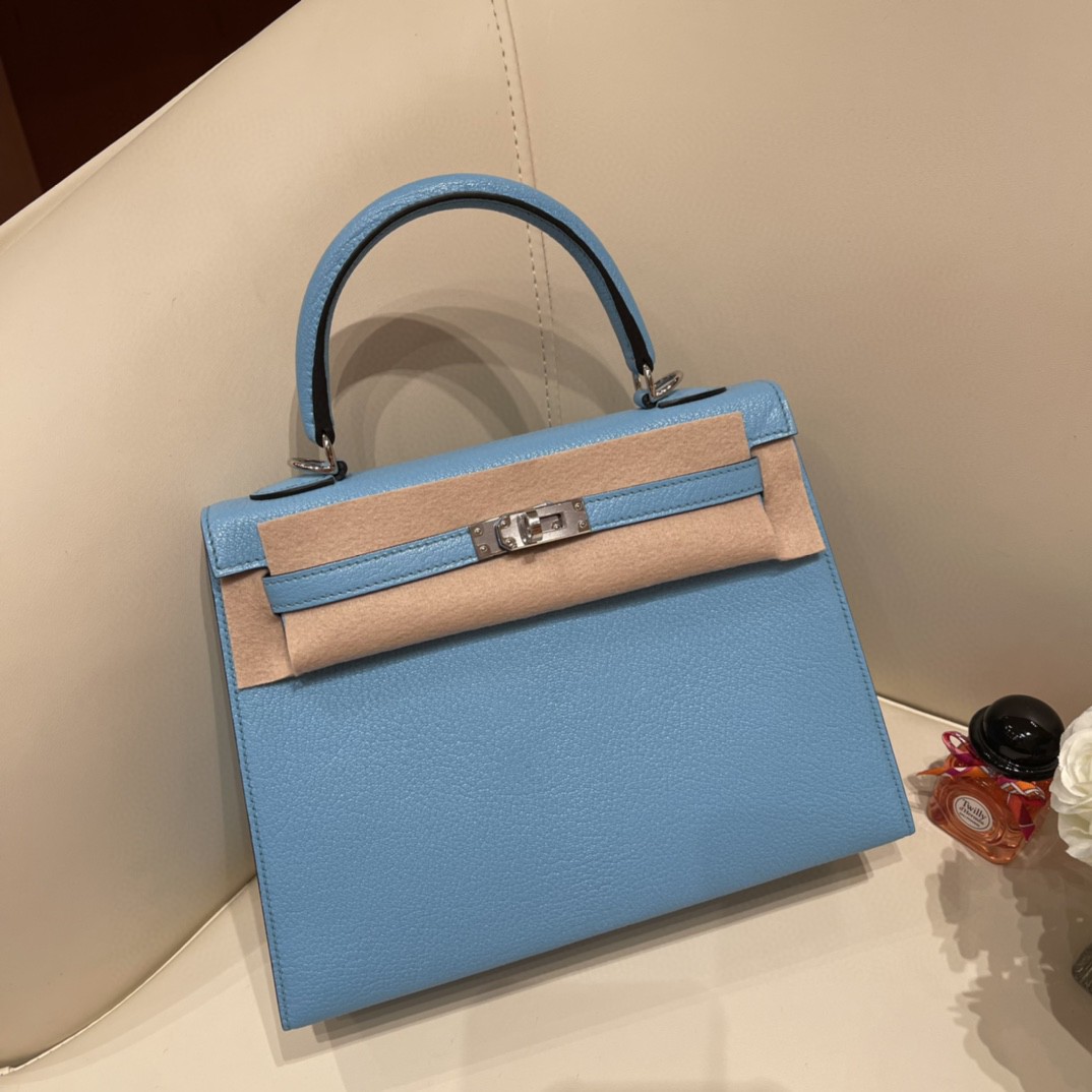 爱马仕 HERMES Kelly 25cm 山羊皮 7N 糖果蓝 银扣