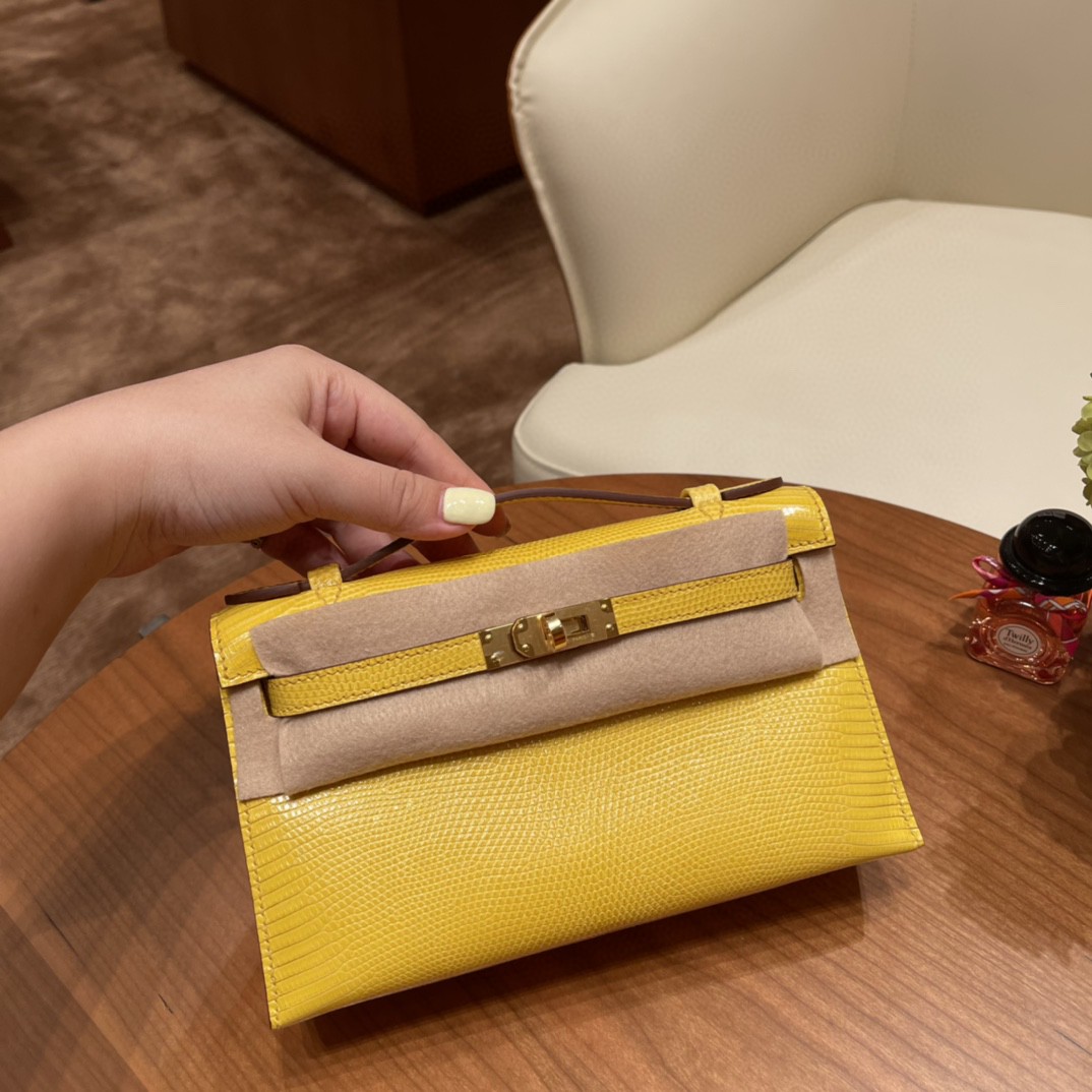 爱马仕 Kelly pochette 一代手包 西班牙lizard 蜥蜴皮 9L 金丝雀黄 金扣