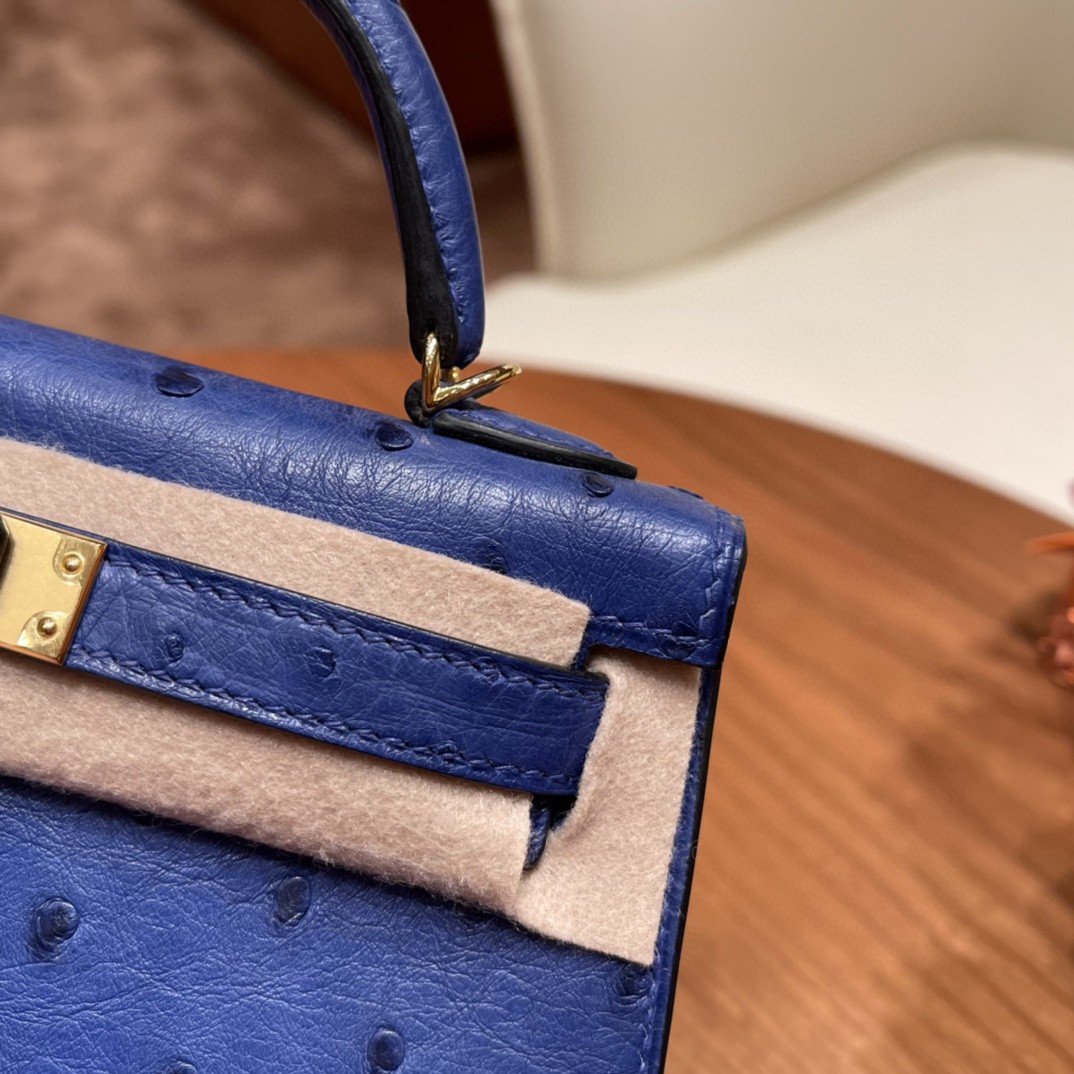 HERMES 爱马仕 mini kelly 二代 鸵鸟皮ostrich 皮 7T 电光蓝 金扣