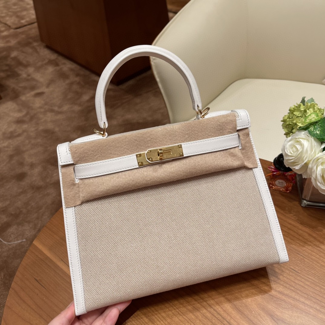HERMES 爱马仕 限量款 kelly 28cm Kelly Toile H 01 纯白 金扣