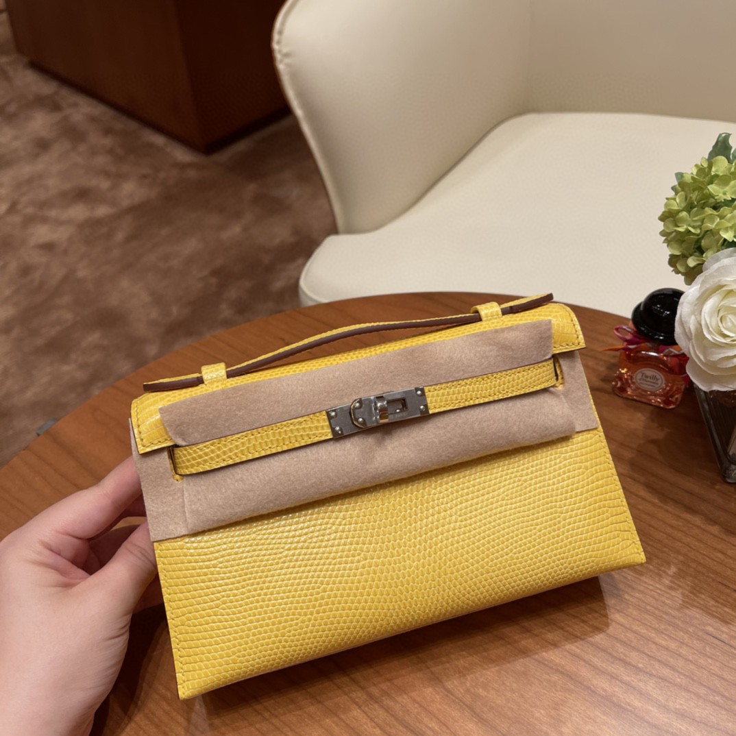 HERMES Kelly pochette 一代手包 西班牙lizard 蜥蜴皮 9L 金丝雀黄银扣