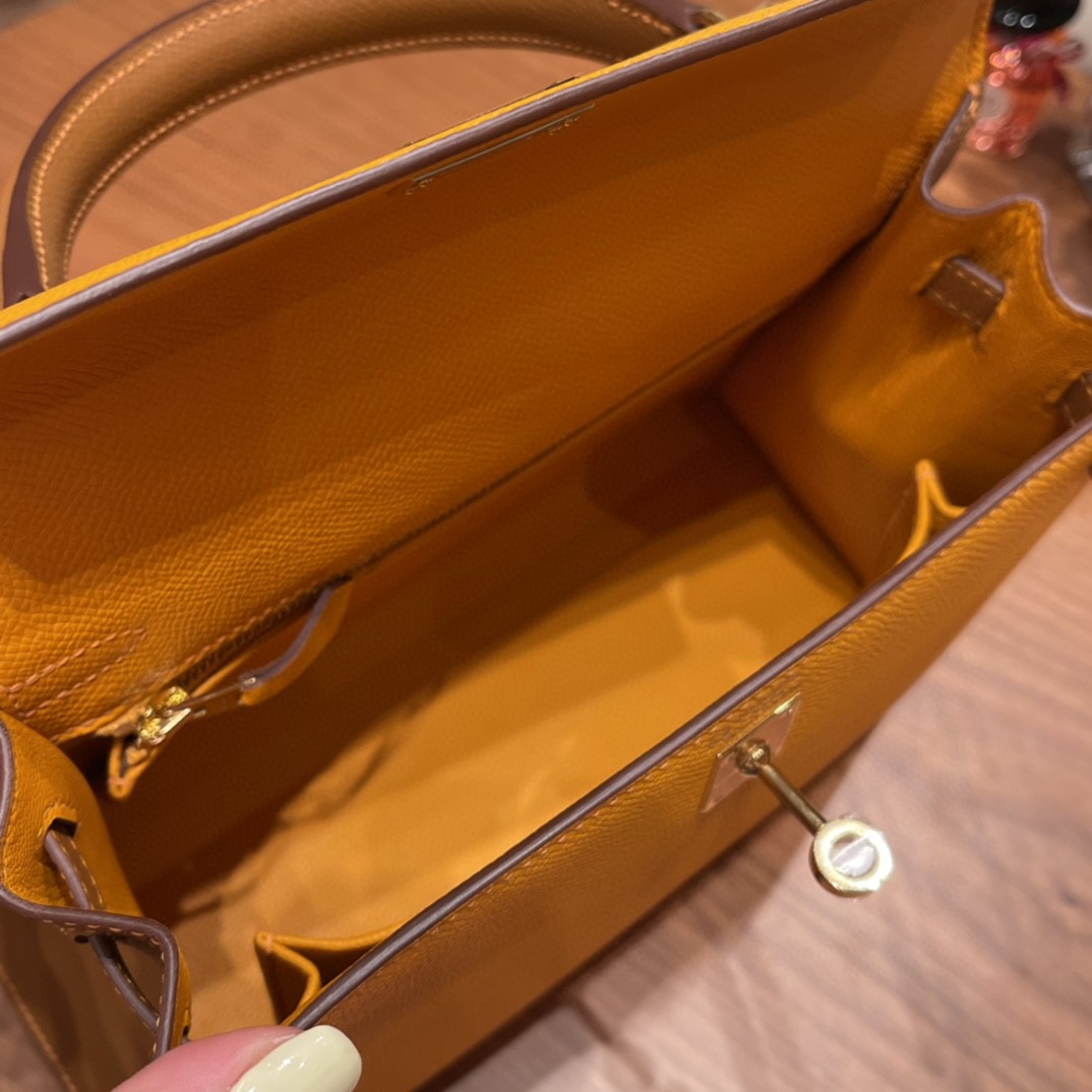 爱马仕 HERMES Kelly 25cm epsom皮 VIP定制 马蹄印 9V 太阳黄 拼37 金棕 金扣