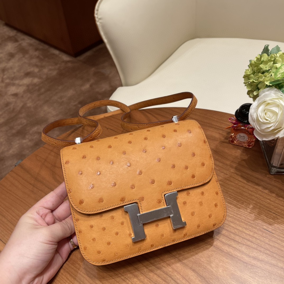 HERMES 爱马仕 19 康康鸵鸟皮 9V 太阳黄 银扣