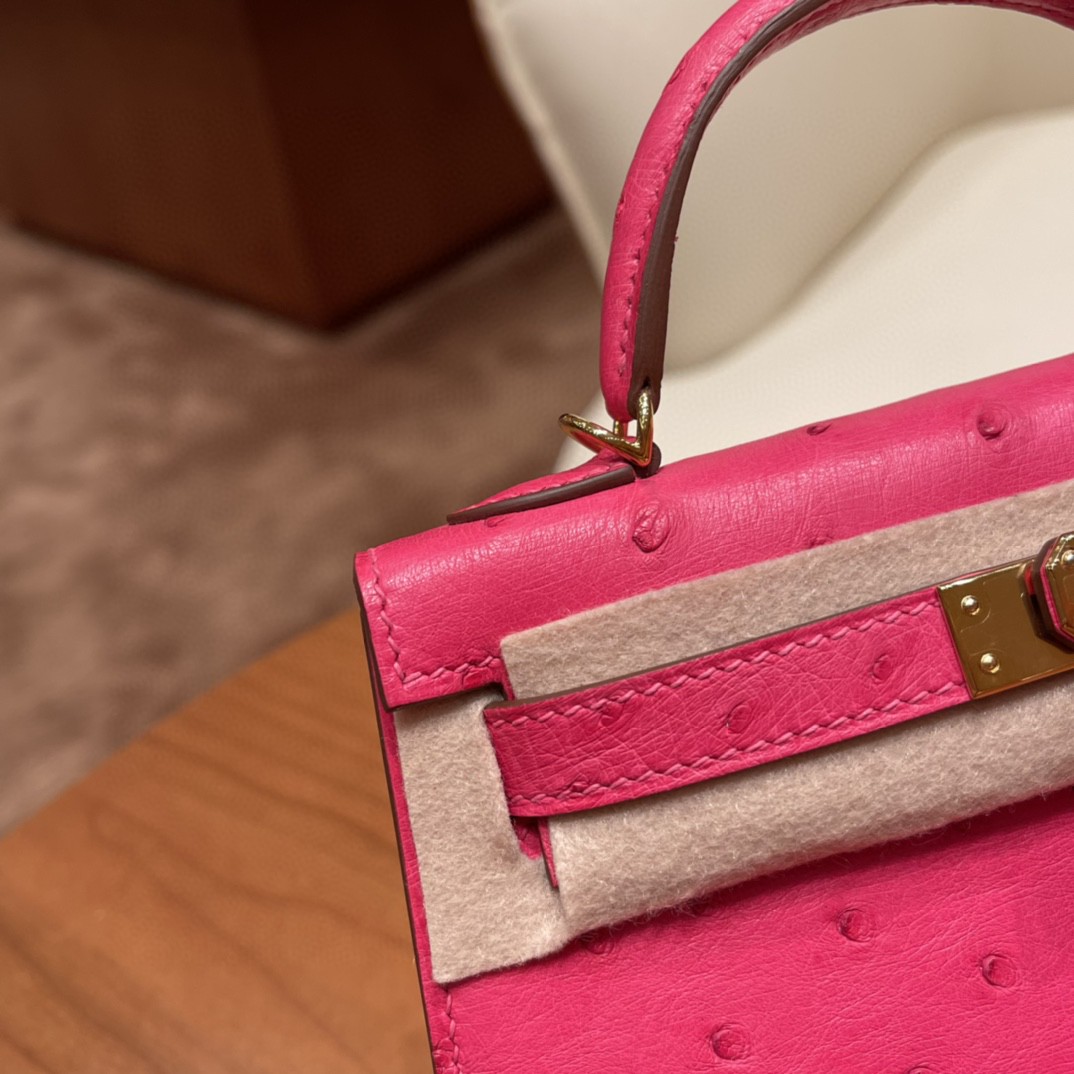 HERMES 爱马仕 mini kelly 二代 鸵鸟皮ostrich 皮 E5 糖果粉 金扣