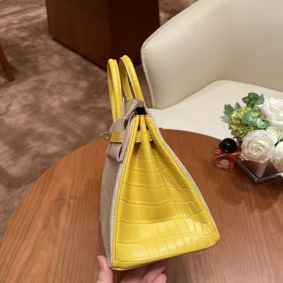 HERMES 官网 爱马仕 25birkin 尼罗Nilo雾面鳄鱼 号称小喜马拉雅的高冷调8L 冰川白拼俏皮的M9 金盏花黄金扣，高贵不失活泼 ，马蹄两点刻印 唯美的搭配