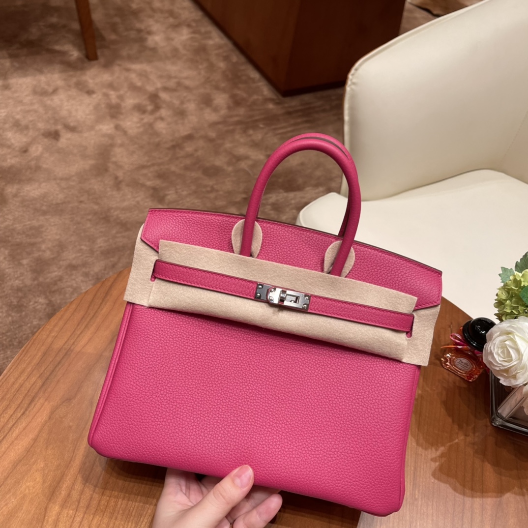 HERMES 官网 爱马仕 Birkin 25 cm togo皮 E5 玫红 银扣 经典款必备