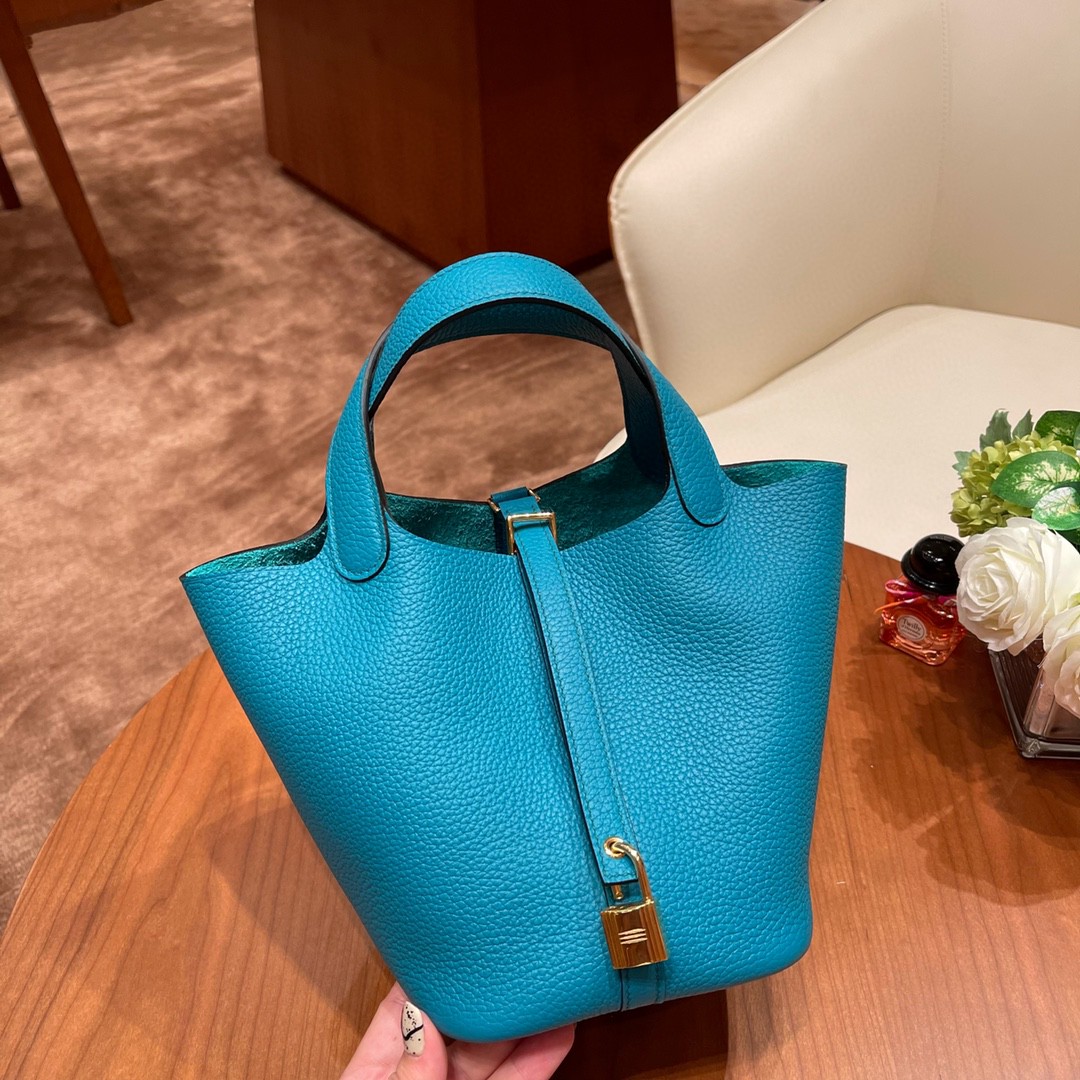 HERMES picotin 18cm 超级百搭的菜篮子 入门款实用款，容量大 超级推荐 Tc皮 7F 孔雀蓝  金扣