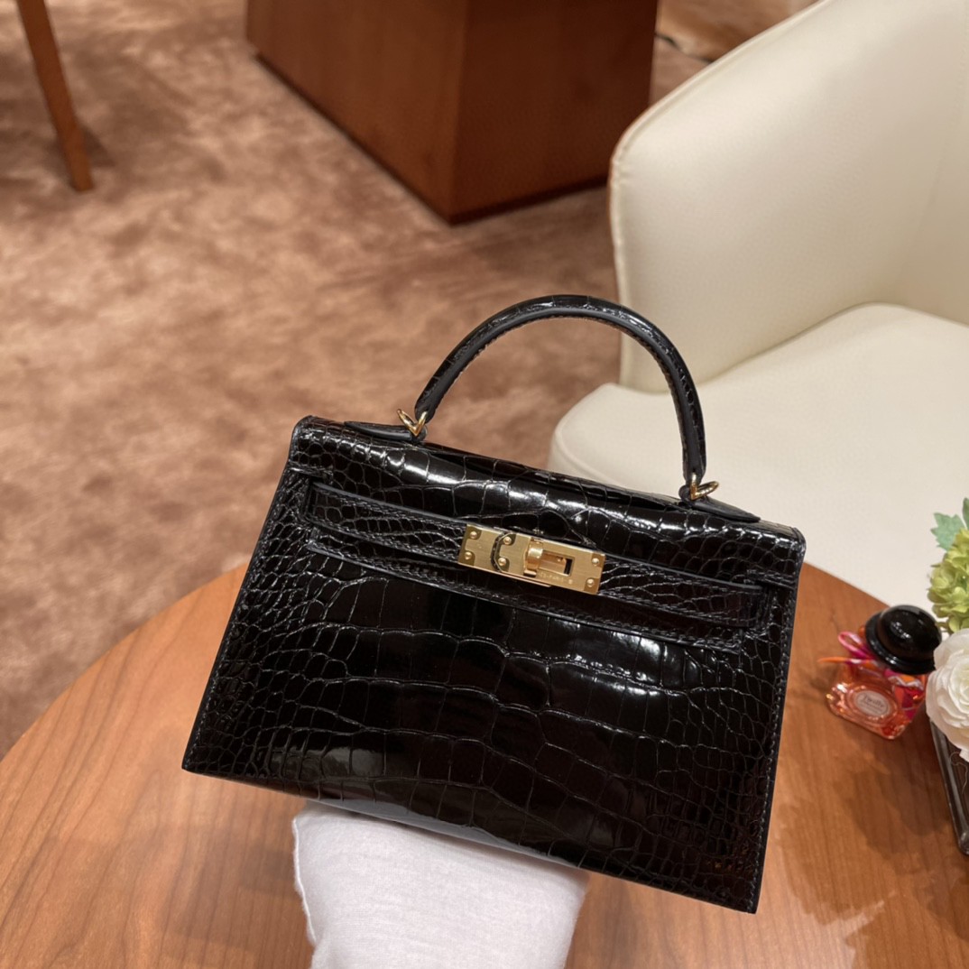 高级定制 Mini kelly 二代 Alligator crocodile 美洲鳄鱼 89黑色 高级又低调 金扣 