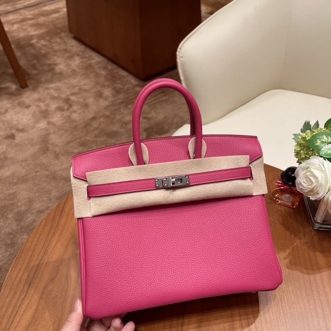 HERMES 官网 爱马仕 Birkin 25 cm togo皮 E5 玫红 银扣 经典款必备