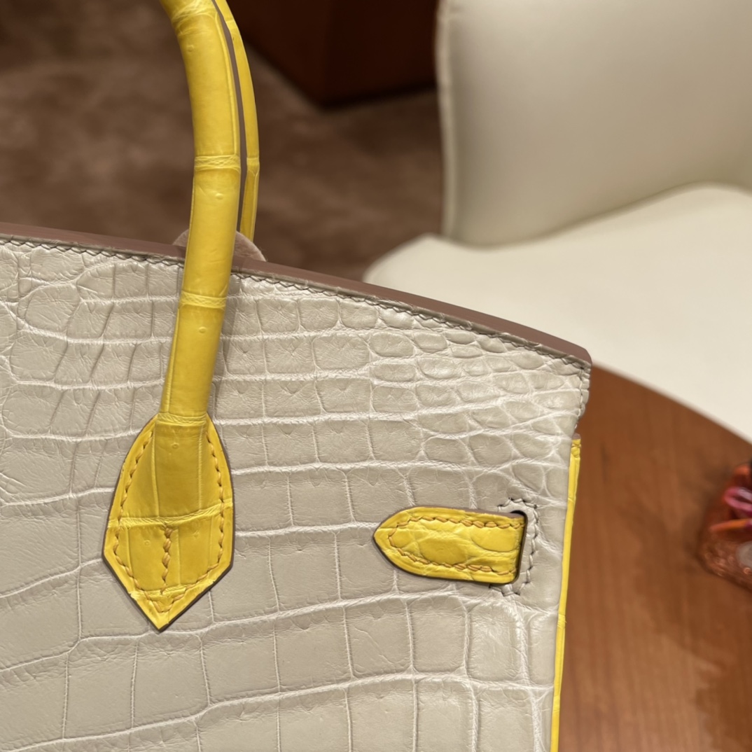 HERMES 官网 爱马仕 25birkin 尼罗Nilo雾面鳄鱼 号称小喜马拉雅的高冷调8L 冰川白拼俏皮的M9 金盏花黄金扣，高贵不失活泼 ，马蹄两点刻印 唯美的搭配
