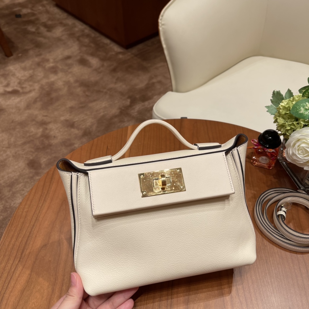 香港HERMES 爱马仕官网 Kelly 24-24 evercolor拼swift i2 奶油白内拼2S芝麻色 金扣