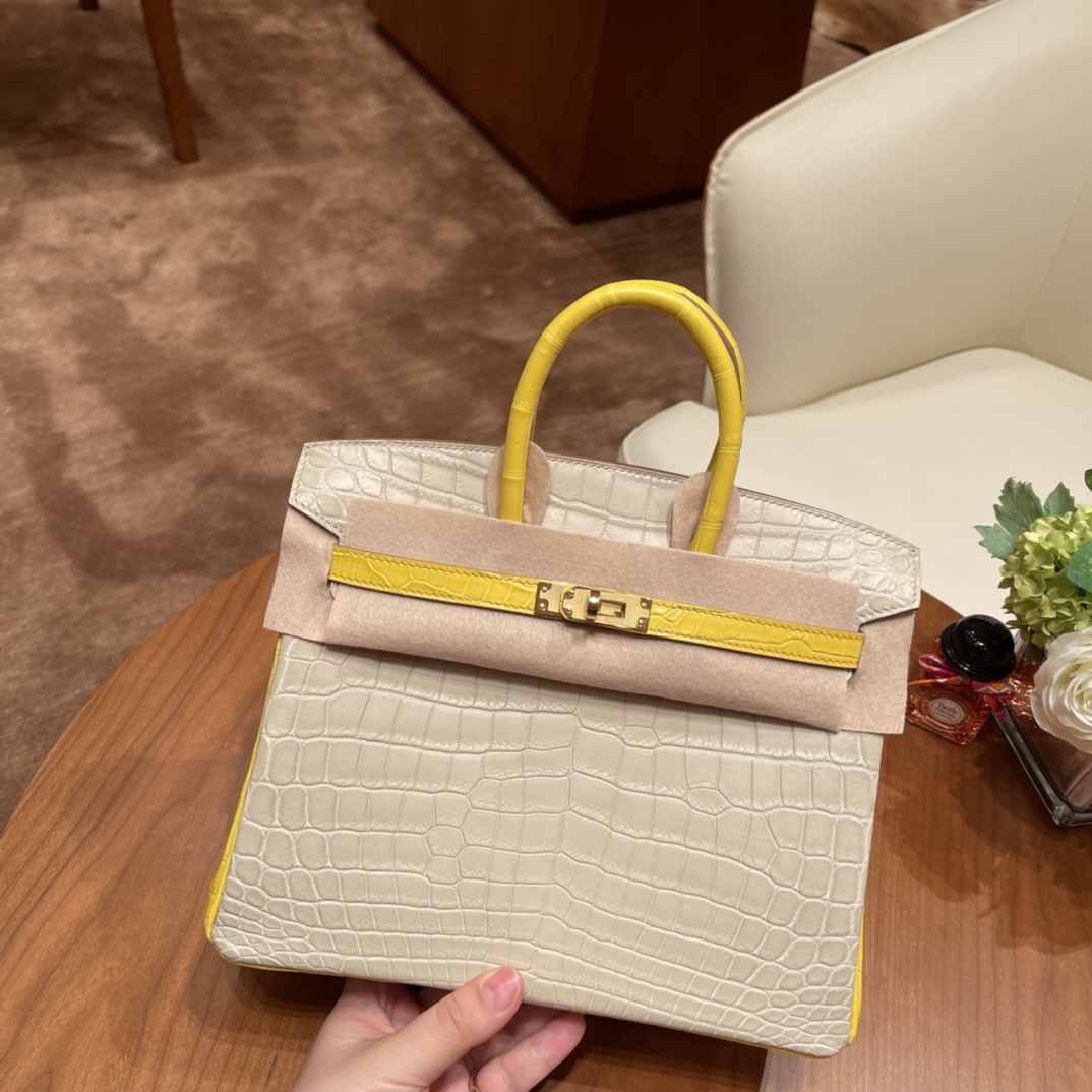 HERMES 官网 爱马仕 25birkin 尼罗Nilo雾面鳄鱼 号称小喜马拉雅的高冷调8L 冰川白拼俏皮的M9 金盏花黄金扣，高贵不失活泼 ，马蹄两点刻印 唯美的搭配