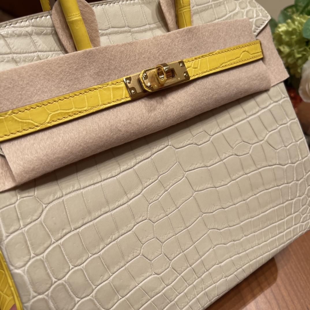 HERMES 官网 爱马仕 25birkin 尼罗Nilo雾面鳄鱼 号称小喜马拉雅的高冷调8L 冰川白拼俏皮的M9 金盏花黄金扣，高贵不失活泼 ，马蹄两点刻印 唯美的搭配