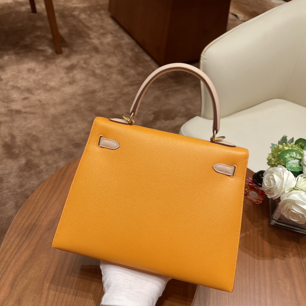 HERMES Kelly 25 epsom 皮 Special order 太阳黄拼S2 风衣灰 拉丝金扣  马蹄印