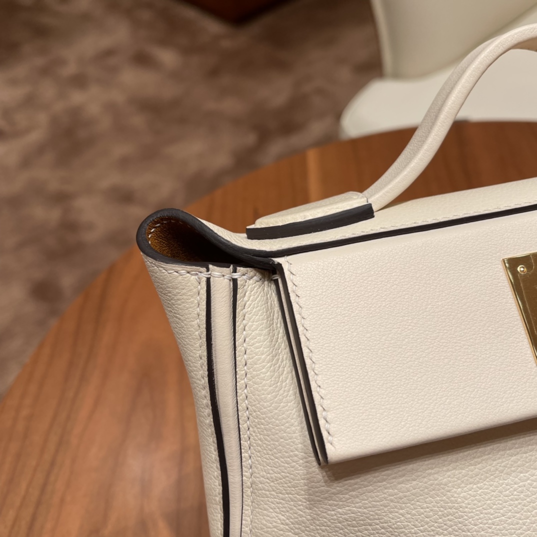 香港HERMES 爱马仕官网 Kelly 24-24 evercolor拼swift i2 奶油白内拼2S芝麻色 金扣