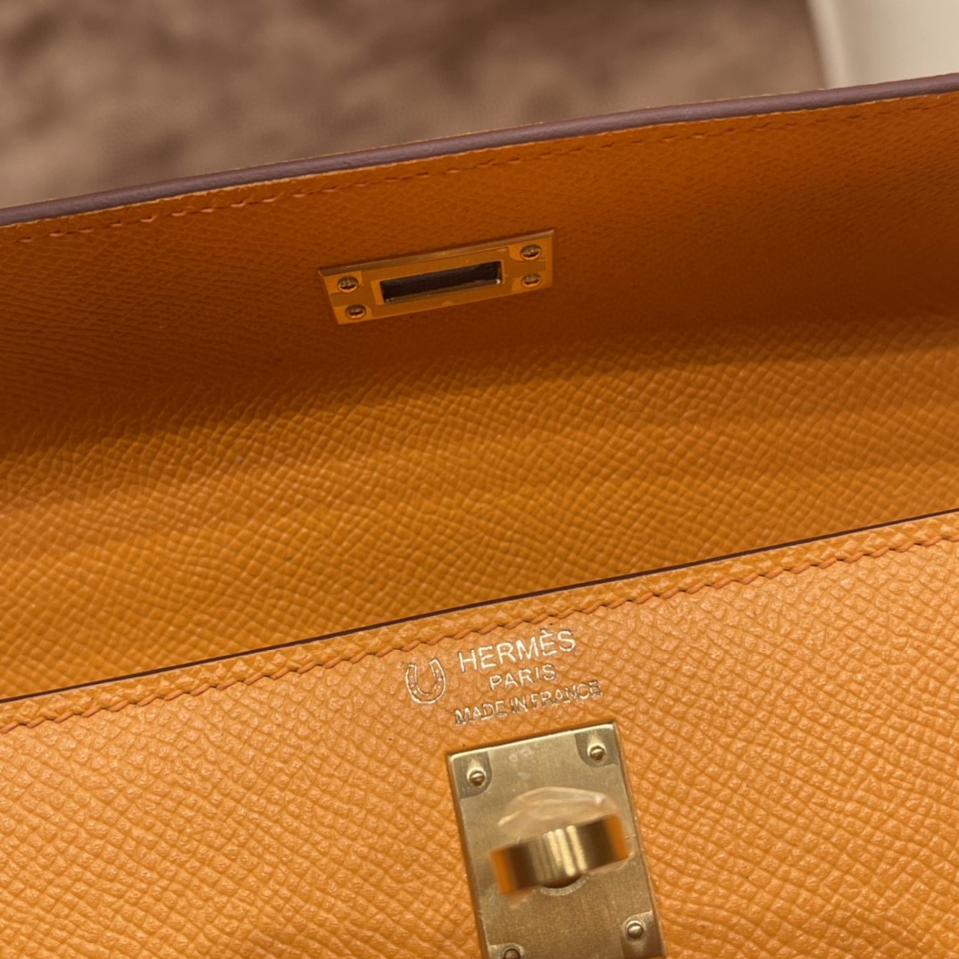 HERMES Kelly 25 epsom 皮 Special order 太阳黄拼S2 风衣灰 拉丝金扣  马蹄印
