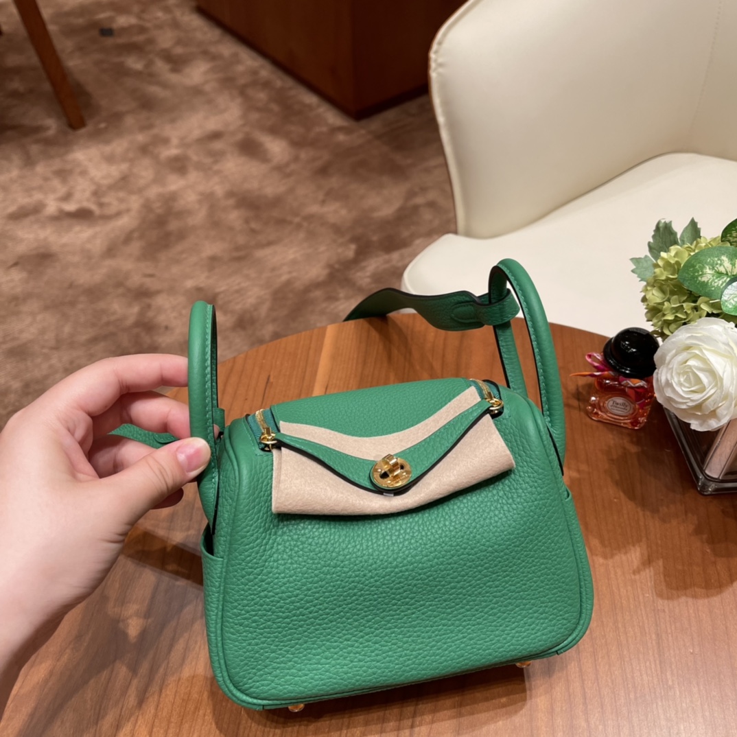 香港HERMES 爱马仕官网 Mini Lindy tc皮 竹子绿 金扣