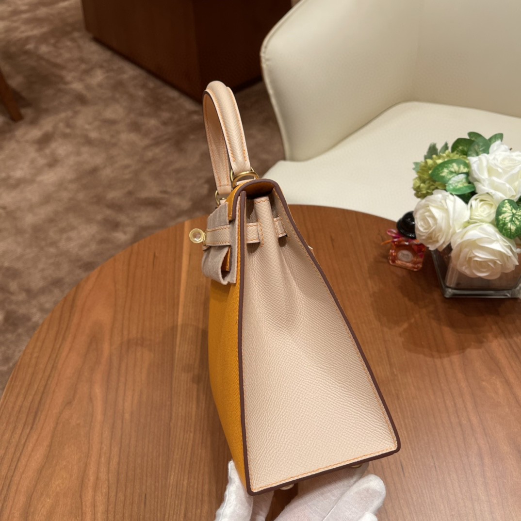 HERMES Kelly 25 epsom 皮 Special order 太阳黄拼S2 风衣灰 拉丝金扣  马蹄印
