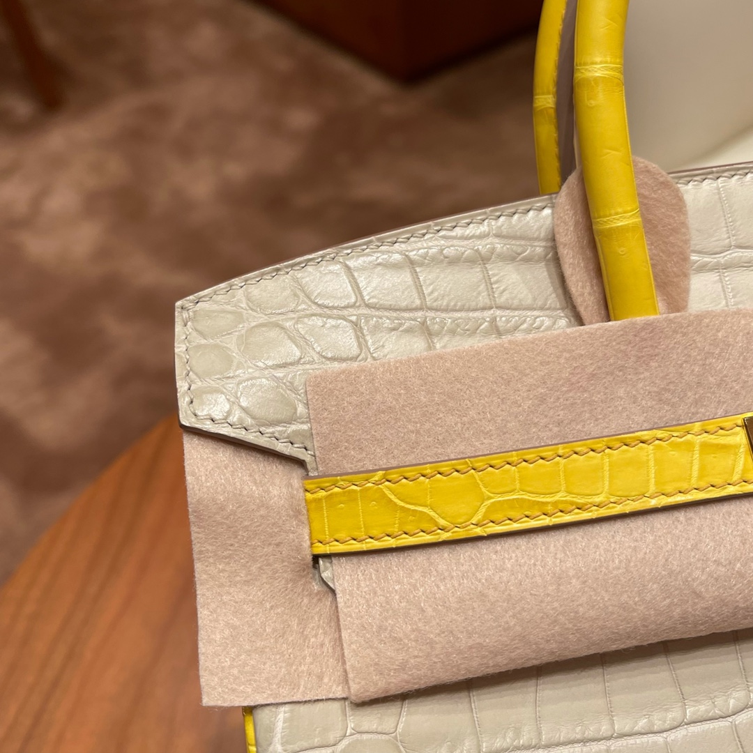 HERMES 官网 爱马仕 25birkin 尼罗Nilo雾面鳄鱼 号称小喜马拉雅的高冷调8L 冰川白拼俏皮的M9 金盏花黄金扣，高贵不失活泼 ，马蹄两点刻印 唯美的搭配