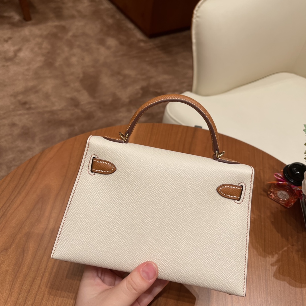 HERMES 官网 爱马仕 Mini Kelly 二代 so特别精致小巧，热销度 Epsom 皮 10奶昔白拼37 金棕 金扣