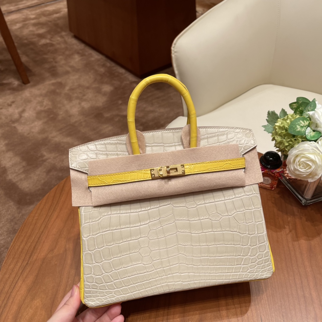 HERMES 官网 爱马仕 25birkin 尼罗Nilo雾面鳄鱼 号称小喜马拉雅的高冷调8L 冰川白拼俏皮的M9 金盏花黄金扣，高贵不失活泼 ，马蹄两点刻印 唯美的搭配