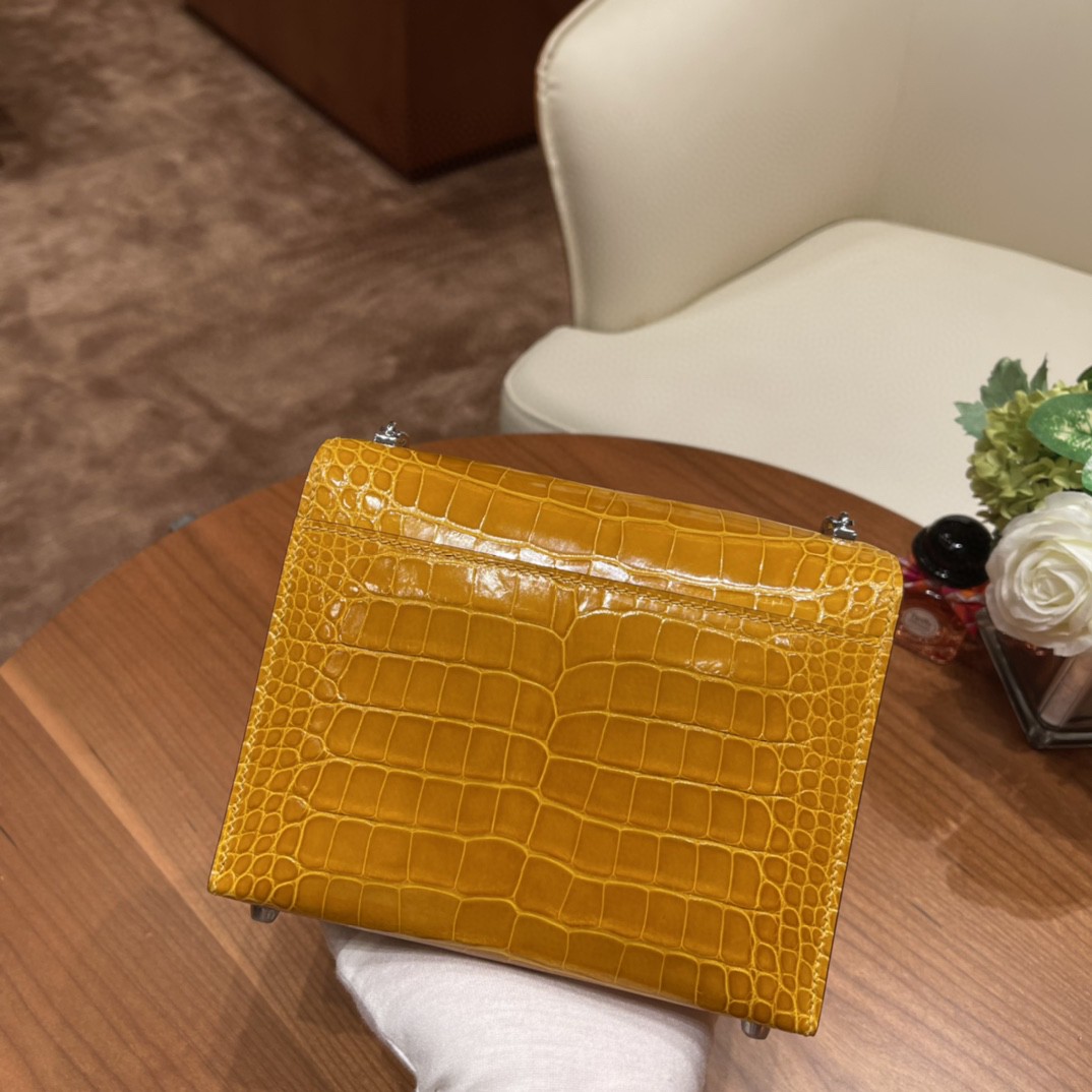 HERMES 极品 Verrou Mini 17cm  Alligateor 美洲亮面方块鳄鱼  9D 琥珀黄 银扣   招财黄