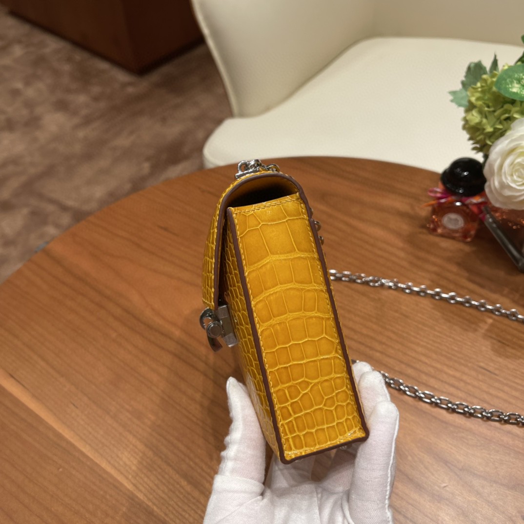 HERMES 极品 Verrou Mini 17cm  Alligateor 美洲亮面方块鳄鱼  9D 琥珀黄 银扣   招财黄