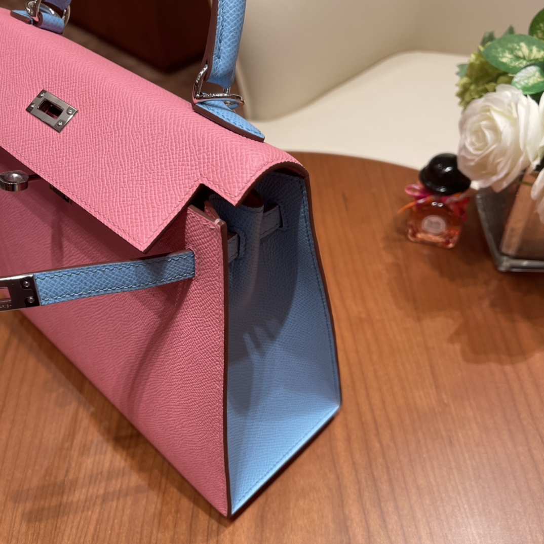 香港爱马仕 Kelly 25cm epsom皮 VIP定制 马蹄印 1Q 奶昔粉-Rose Confetti 7N 拼糖果蓝-Celeste  银扣