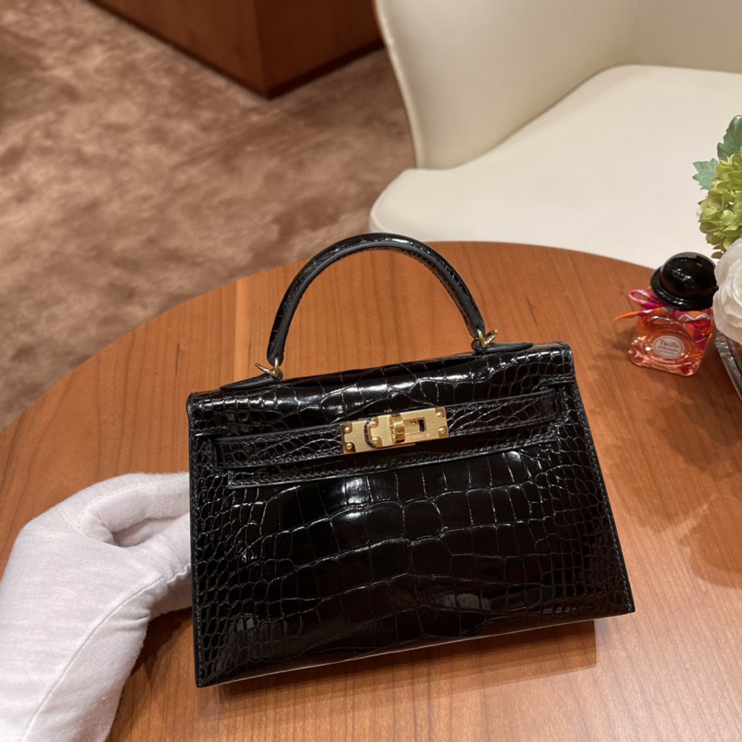 高级定制 Mini kelly 二代 Alligator crocodile 美洲鳄鱼 89黑色 高级又低调 金扣 