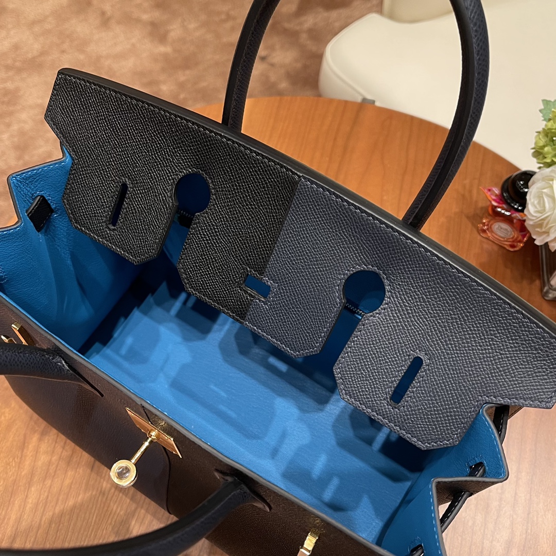 爱马仕 HERMES 30 Birkin casaque 新拼色，小极品 3拼色 89黑色拼76印度蓝内拼0F 佛里达蓝 金扣 超Nice