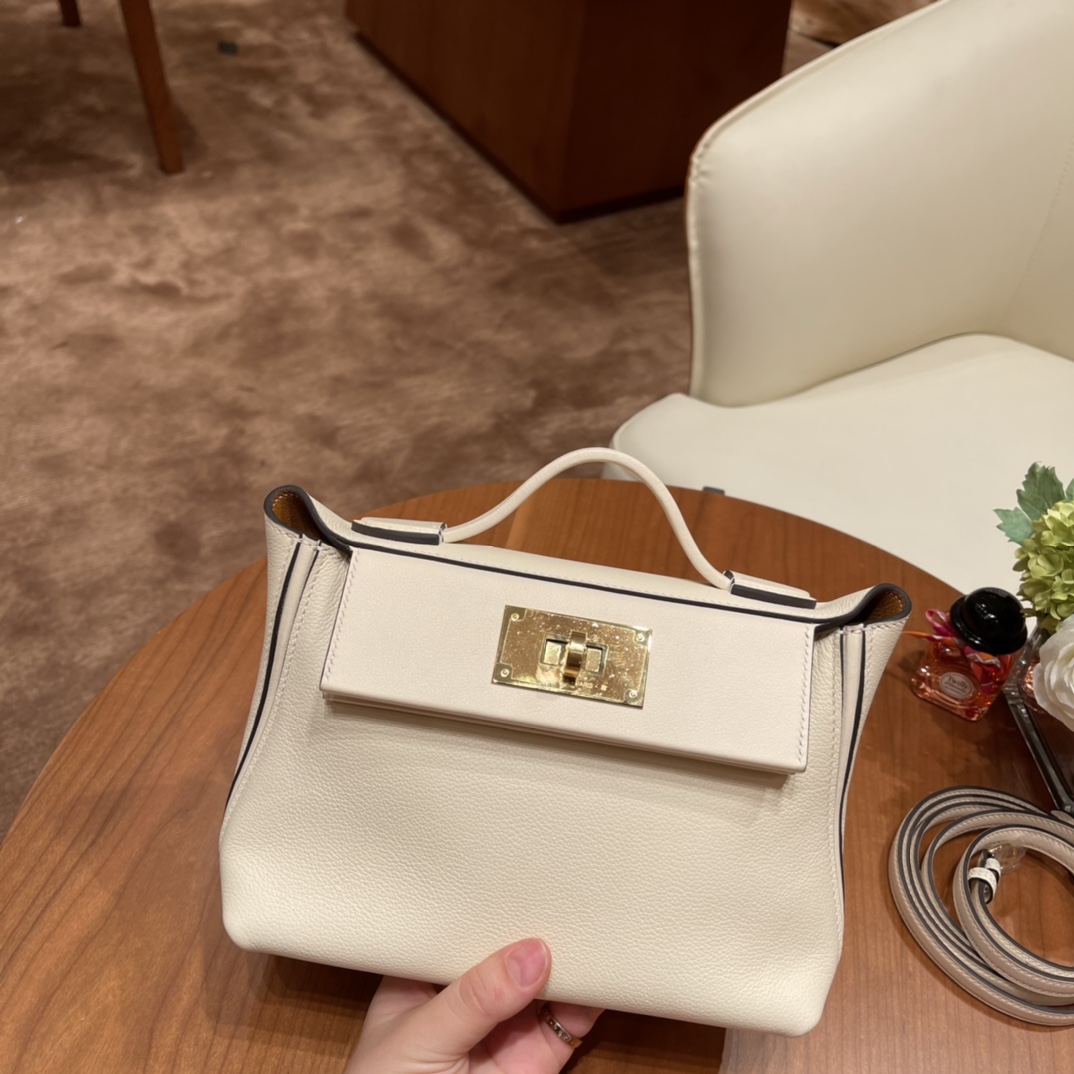 香港HERMES 爱马仕官网 Kelly 24-24 evercolor拼swift i2 奶油白内拼2S芝麻色 金扣