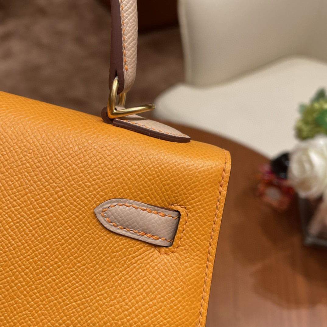 HERMES Kelly 25 epsom 皮 Special order 太阳黄拼S2 风衣灰 拉丝金扣  马蹄印