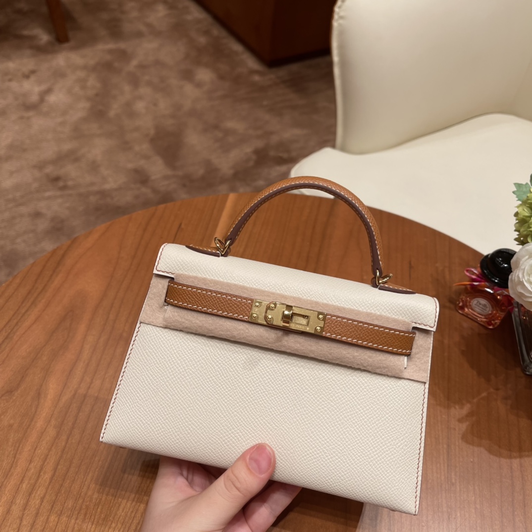 HERMES 官网 爱马仕 Mini Kelly 二代 so特别精致小巧，热销度 Epsom 皮 10奶昔白拼37 金棕 金扣