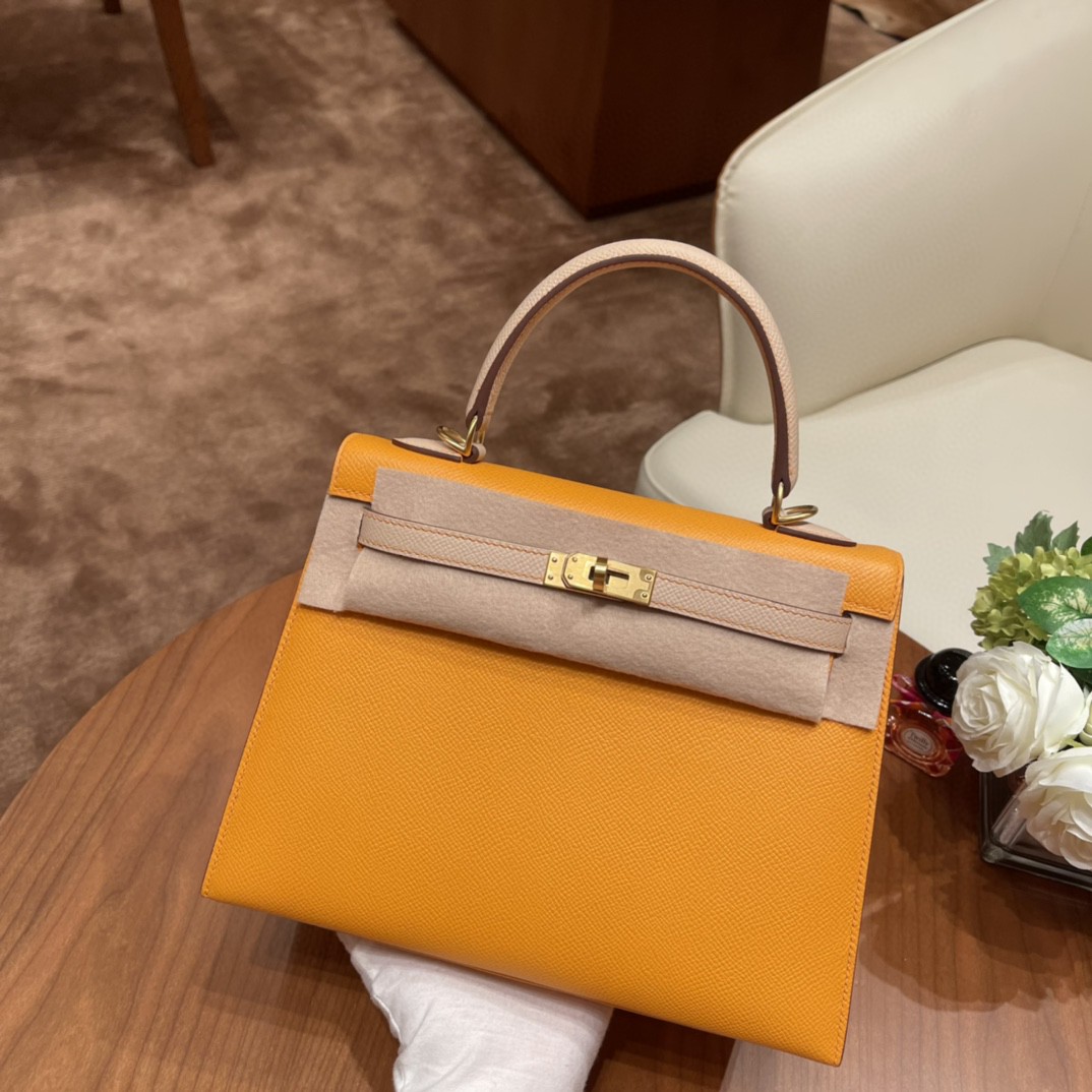 HERMES Kelly 25 epsom 皮 Special order 太阳黄拼S2 风衣灰 拉丝金扣  马蹄印