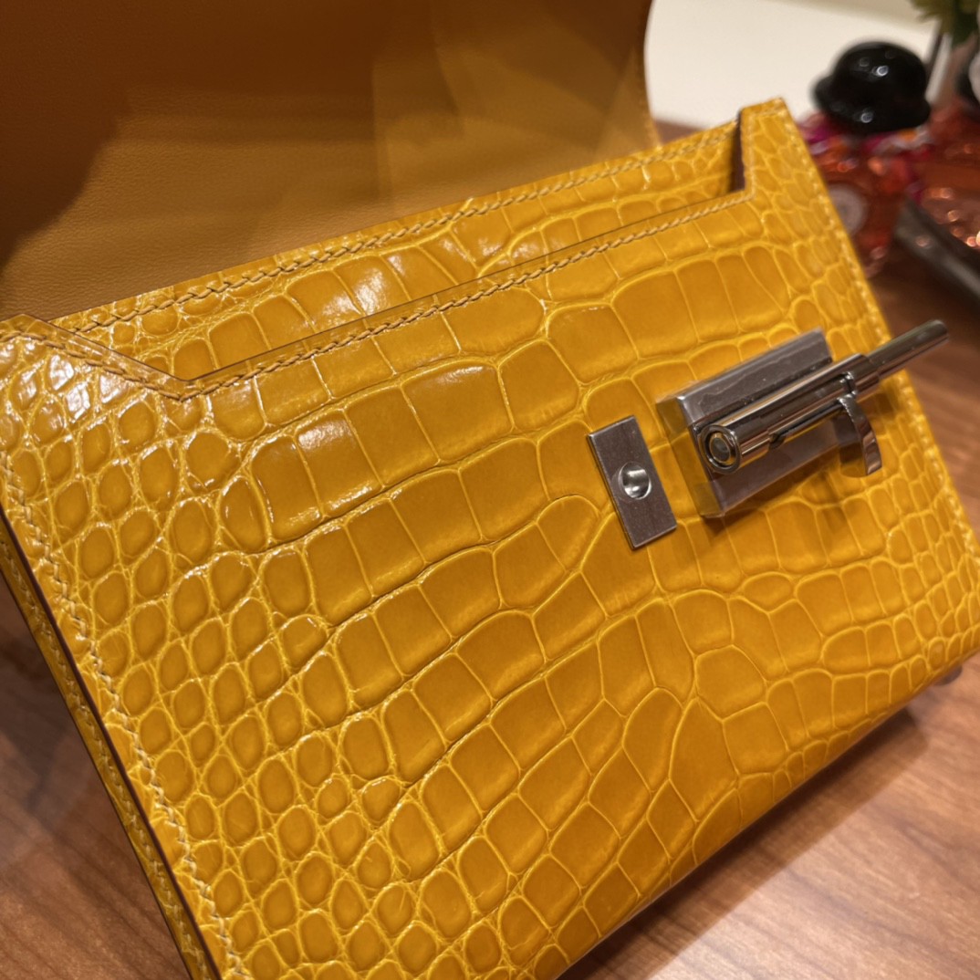 HERMES 极品 Verrou Mini 17cm  Alligateor 美洲亮面方块鳄鱼  9D 琥珀黄 银扣   招财黄