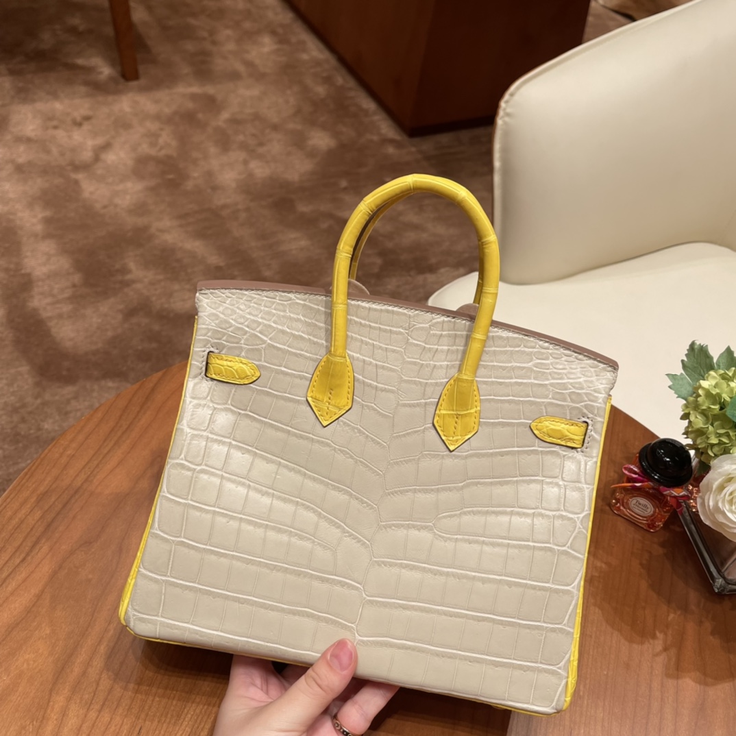 HERMES 官网 爱马仕 25birkin 尼罗Nilo雾面鳄鱼 号称小喜马拉雅的高冷调8L 冰川白拼俏皮的M9 金盏花黄金扣，高贵不失活泼 ，马蹄两点刻印 唯美的搭配