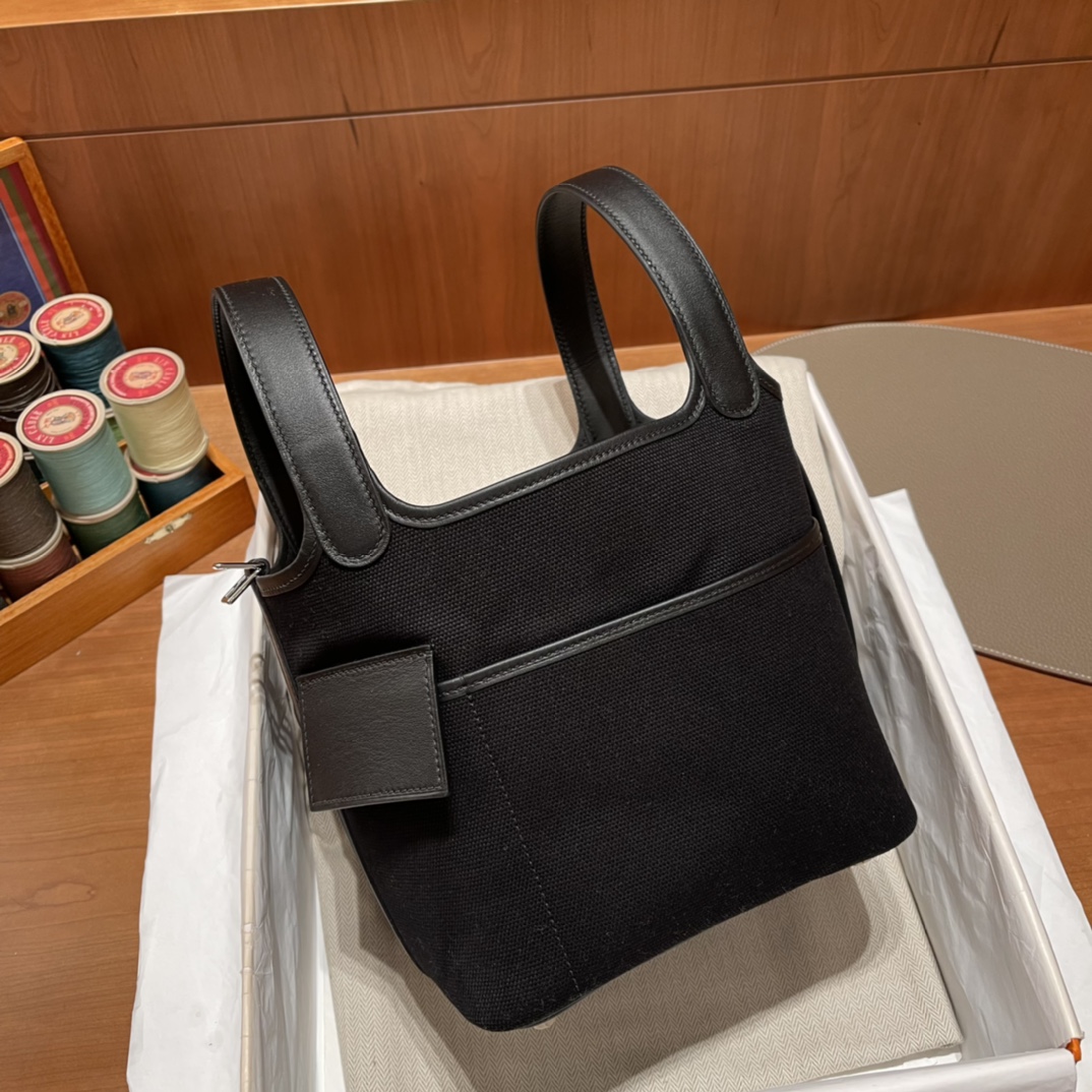 HERMES 爱马仕 Cargo picotin 拼帆布 CC89 Nior 经典黑 进口蜜蜡线 全手工制作