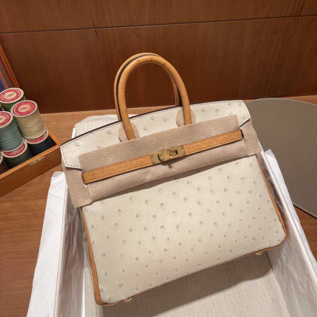 HERMES 爱马仕 Birkin 25cm 鸵鸟皮Ostrich 3C 羊毛白/1H 太妃金 绝美拼色