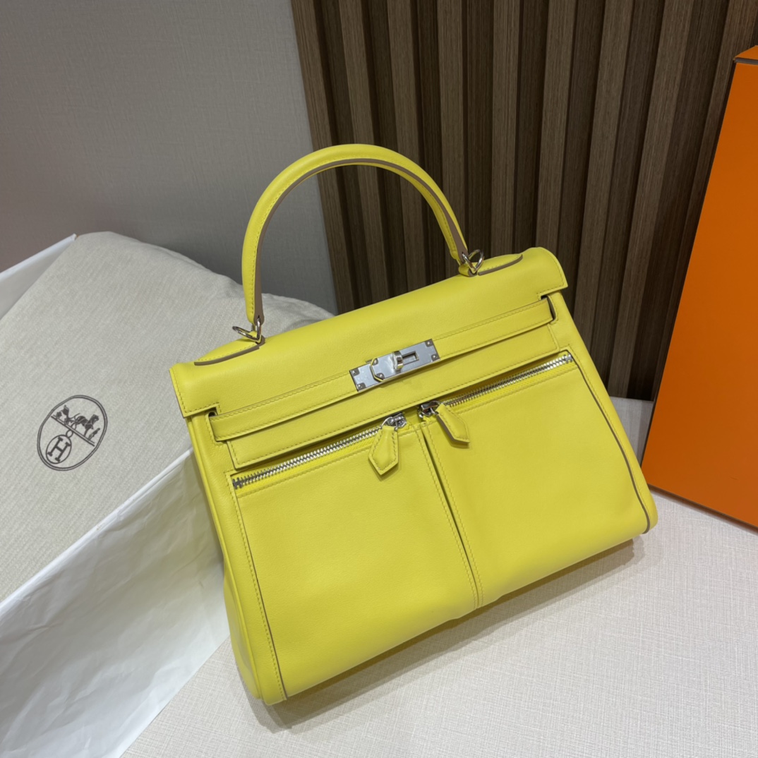 HERMES 爱马仕 Kelly Lakis双拉包 swift皮 R9 柠檬黄Lime 懂它的人都对他爱不释手 酷帅有型