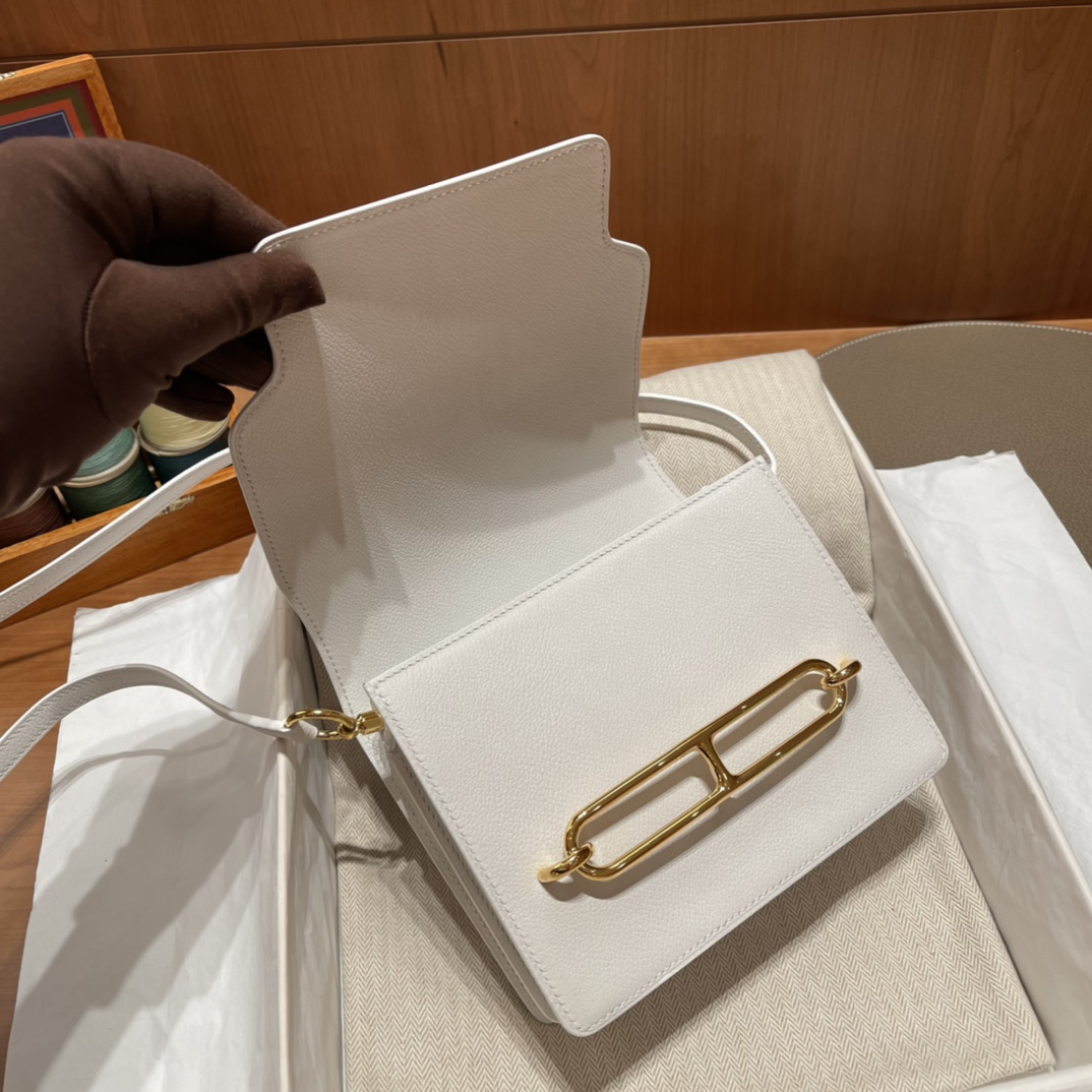 HERMES 爱马仕 Roulis 18cm Evercolor皮 01 纯白Blanc 白雪公主在线 搭配金扣太美啦 干净纯洁