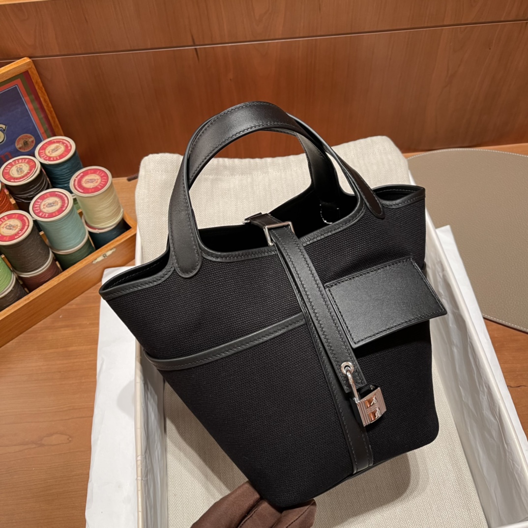 HERMES 爱马仕 Cargo picotin 拼帆布 CC89 Nior 经典黑 进口蜜蜡线 全手工制作
