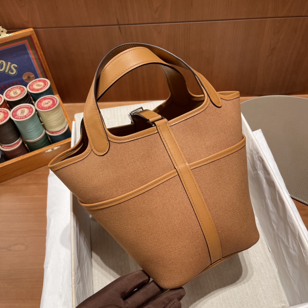 HERMES 爱马仕 Cargo picotin 拼帆布 2S 芝麻色 进口蜜蜡线 全手工制作
