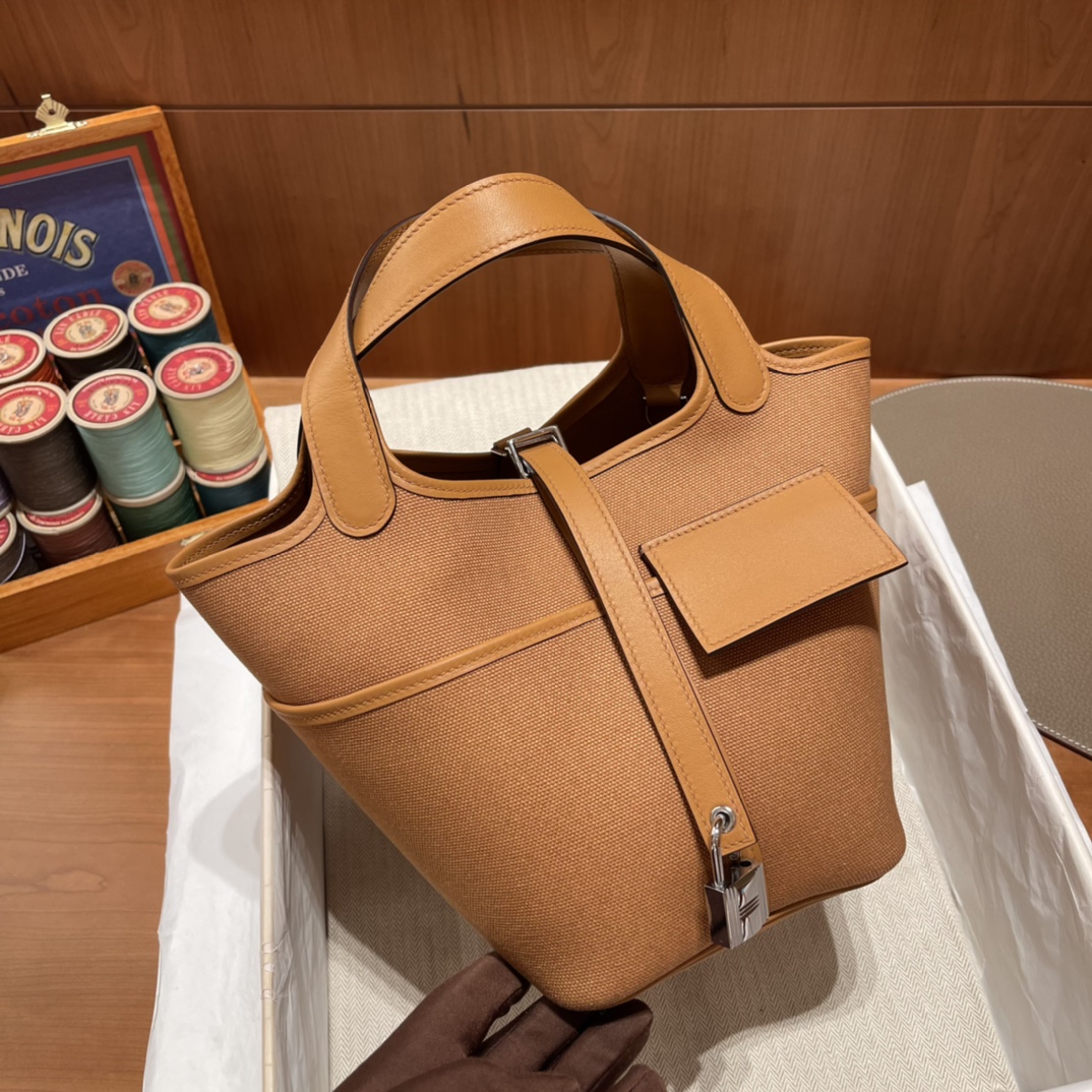 HERMES 爱马仕 Cargo picotin 拼帆布 2S 芝麻色 进口蜜蜡线 全手工制作