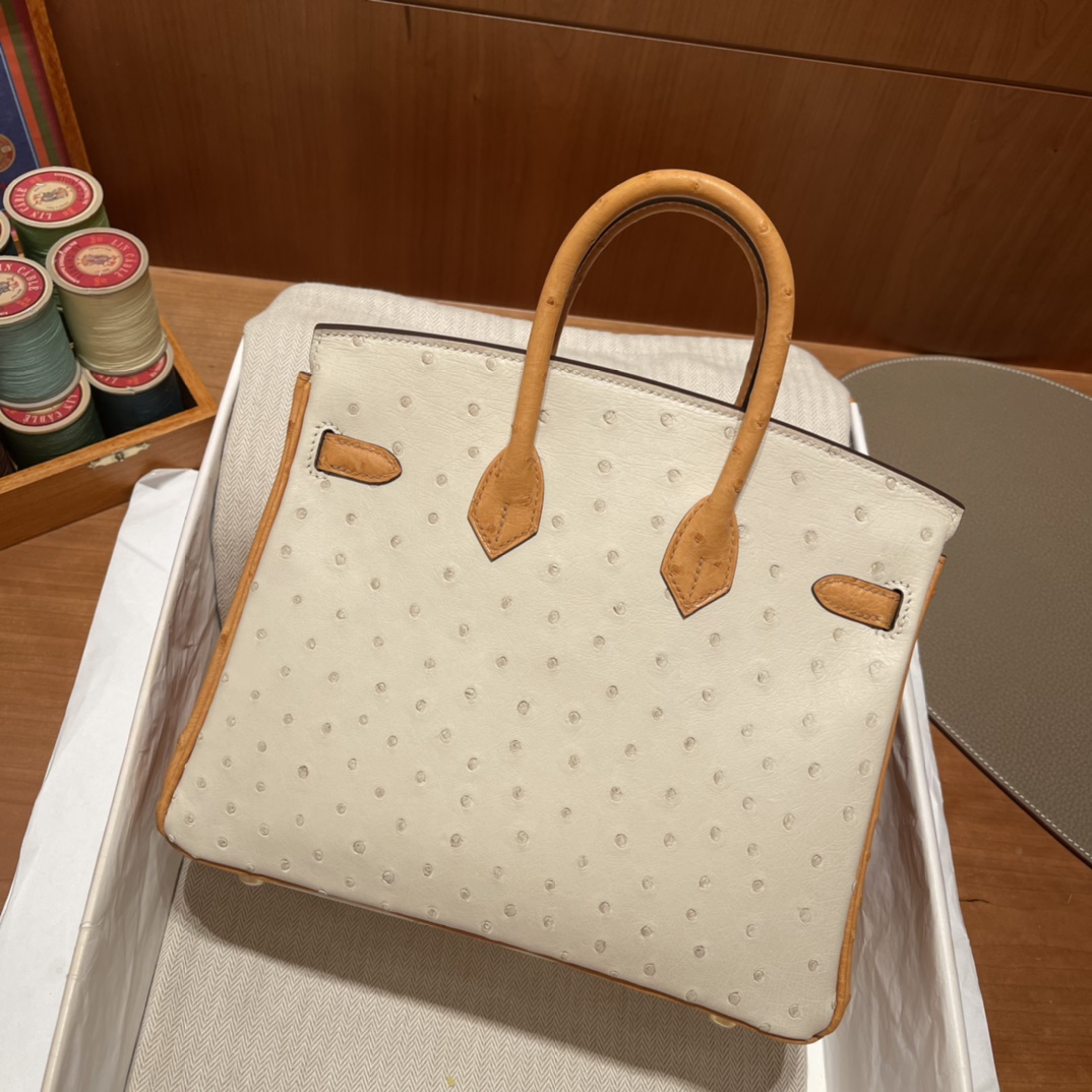 HERMES 爱马仕 Birkin 25cm 鸵鸟皮Ostrich 3C 羊毛白/1H 太妃金 绝美拼色